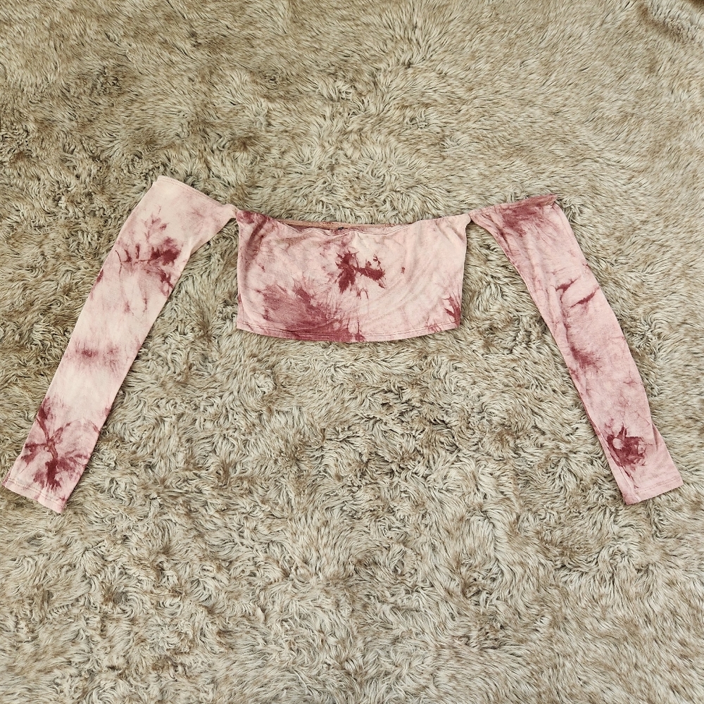 Off-the-shoulder Long Sleeve Crop Top Pink‎ Tie Dye Women's Size Small